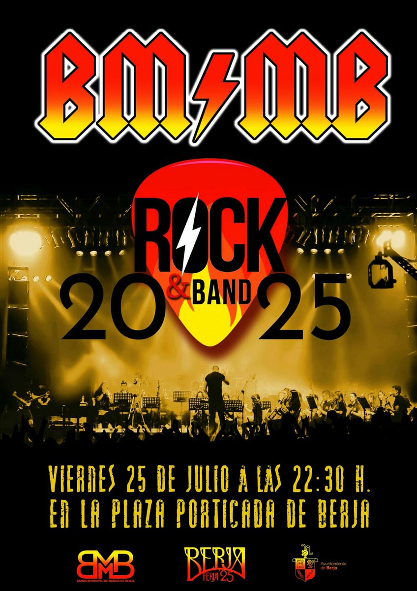 🔥 Este viernes 25 de julio prepárate para una noche inolvidable con BMMB Rock &amp; Band 2025 🤘🎶
Una fusión entre la fuerza del rock y la elegancia de la música de banda que te hará vibrar.🎸 Espectáculo lleno de energía y pasión musical.
📍 Plaza Porticada de Berja🕤 22:30 h