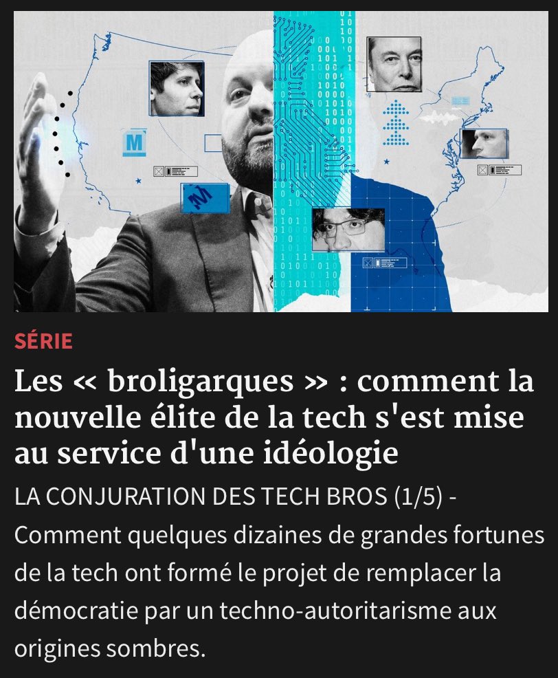 filloux's tweet image. Super content de voir ma série “La conjuration des tech bros” publiée cette semaine dans @LesEchos.
Aujourd’hui, épisode 1 : les origines de la broligarchie, comment la nouvelle élite de la tech s'est mise au service d'une idéologie.
lesechos.fr/tech-medias/hi…