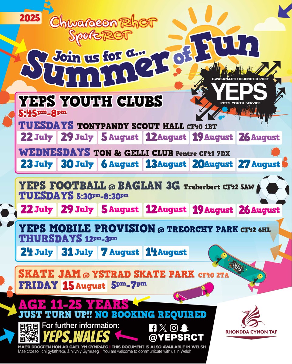 FREE 3G Access, Youth Provision and Sports sessions this summer with YEPS

☀️13 open access sessions at 5 Council 3G pitches
☀️12 Youth Club sessions at 2 locations
☀️YEPS Football at Baglan each week
☀️YEPS Mobile provision at Treorchy Park
☀️Skate Jam in Ystrad

Just turn up!