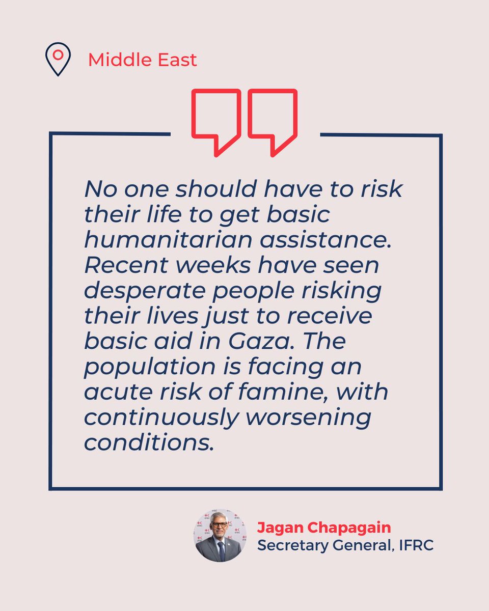 ifrc's tweet image. We reiterate our call for full and unhindered access for humanitarian assistance across #Gaza. Aid must be guaranteed and delivered at scale to meet the overwhelming needs.