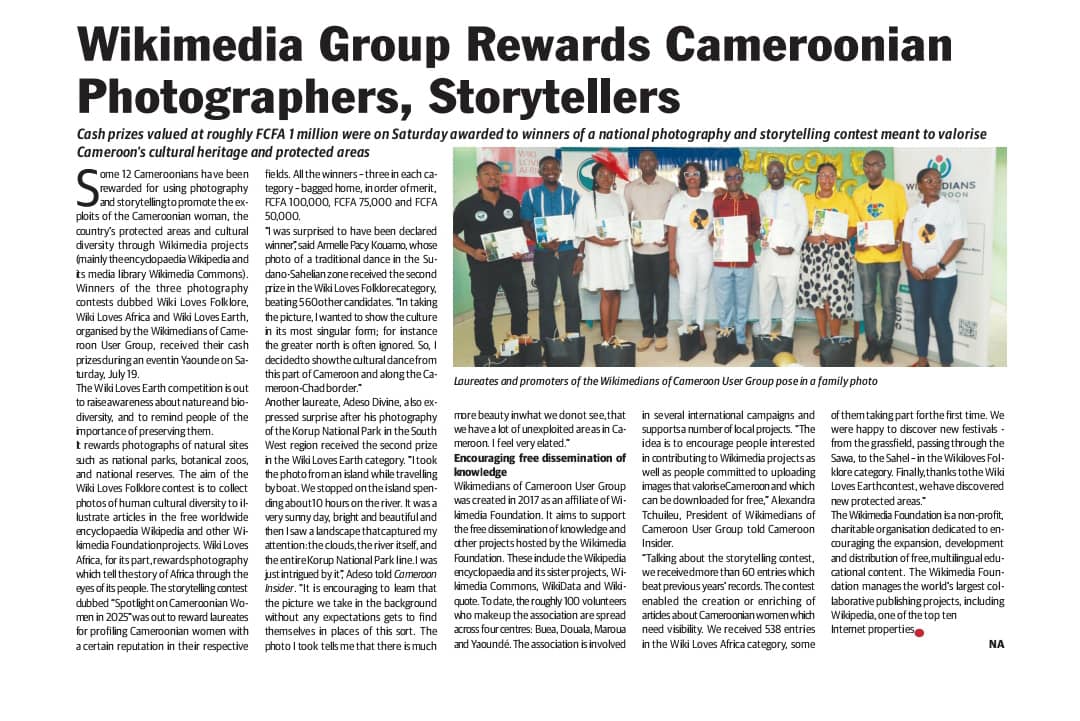 Revue de presse 🎥💻📱🗞️
Lisez les détails de la cérémonie des awards des concours Wikipédia organisés par Wikimedians of Cameroon User Group dans les colonnes  du journal Cameroon Insider de ce lundi 21 juillet 2020✨