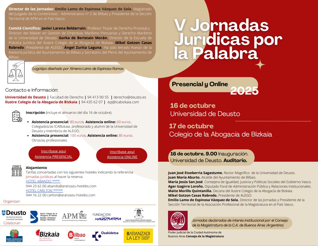 Ángel Zurita Laguna (@aingerulaguna) on Twitter photo V JORNADAS JURÍDICAS POR LA PALABRA. Bilbao. 16 y 17 de octubre de 2025. <a href="/ApmVasco/">APM Pais Vasco</a> <a href="/juecesAPM/">APM Nacional</a> <a href="/alego_ejale/">ALEGO-EJALE</a> <a href="/deusto/">Universidad Deusto - Deustuko Unibertsitatea</a> <a href="/EPJicabizkaia/">Escuela de práctica jurídica del ICA Bizkaia</a> <a href="/icabizkaia/">Ilustre Colegio de la Abogacía de Bizkaia</a>
icabizkaia.eus/actualidad/v-j… V JORNADAS JURÍDICAS POR LA PALABRA. Bilbao. 16 y 17 de octubre de 2025. <a href="/ApmVasco/">APM Pais Vasco</a> <a href="/juecesAPM/">APM Nacional</a> <a href="/alego_ejale/">ALEGO-EJALE</a> <a href="/deusto/">Universidad Deusto - Deustuko Unibertsitatea</a> <a href="/EPJicabizkaia/">Escuela de práctica jurídica del ICA Bizkaia</a> <a href="/icabizkaia/">Ilustre Colegio de la Abogacía de Bizkaia</a>
icabizkaia.eus/actualidad/v-j…