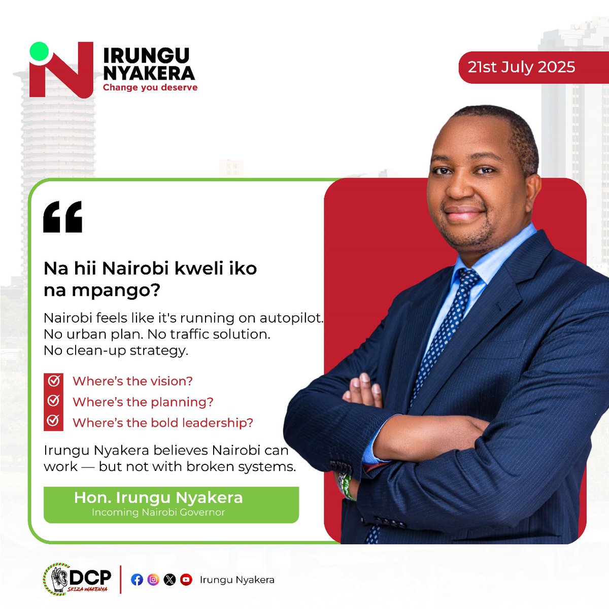 DaliaBFO1's tweet photo. "Na hii Nairobi kweli iko na mpango?" No urban plan, no traffic solution, no clean-up strategy. Hon. Irungu Nyakera demands vision & bold leadership.
#IrunguNyakera #MastaWaNai #NairobiProblems #PlannedCity https://t.co/uVS1weSFJe