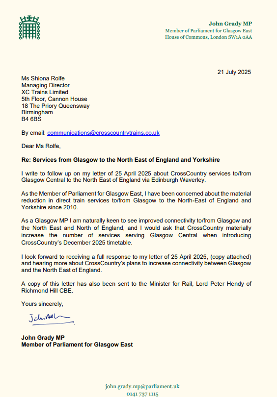 John Grady MP (@johnadgrady) on Twitter photo I have written to both <a href="/LNER/">London North Eastern Railway</a> and <a href="/CrossCountryUK/">CrossCountry Trains</a> to highlight the need for greater services to/from Glasgow ahead of the December 2025 timetable changes.
Improved transport links are key for economic growth and attracting investment to Glasgow. I have written to both <a href="/LNER/">London North Eastern Railway</a> and <a href="/CrossCountryUK/">CrossCountry Trains</a> to highlight the need for greater services to/from Glasgow ahead of the December 2025 timetable changes.
Improved transport links are key for economic growth and attracting investment to Glasgow.