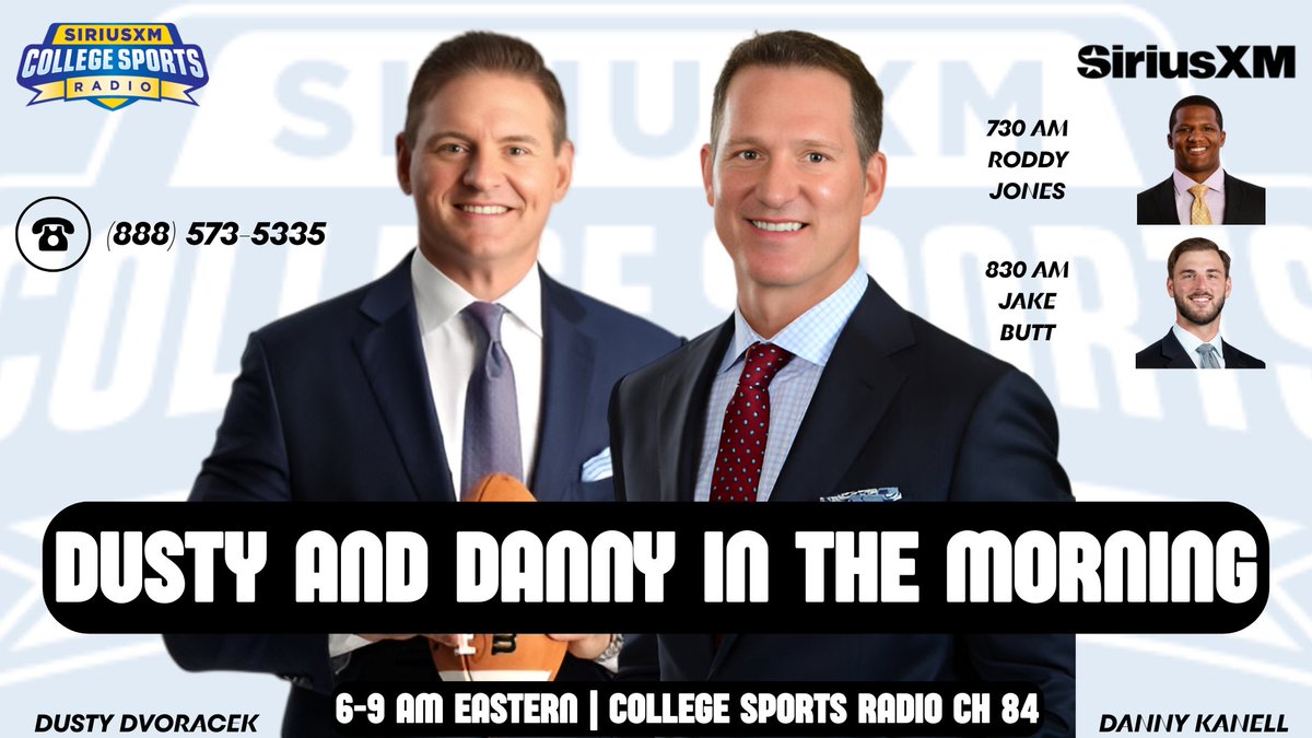 rbalick's tweet image. Dusty and Danny in the Morning is LIVE on @SXMCollege 84!

@DustyDvoracek &amp;amp; @dannykanell get you ready for ACC and Big Ten Media Days! We talk Belichick, Franklin,  Lanning, Clemson and is SMU the most slept on team in America??

730 @RoddyJones20
830 @Jbooty88