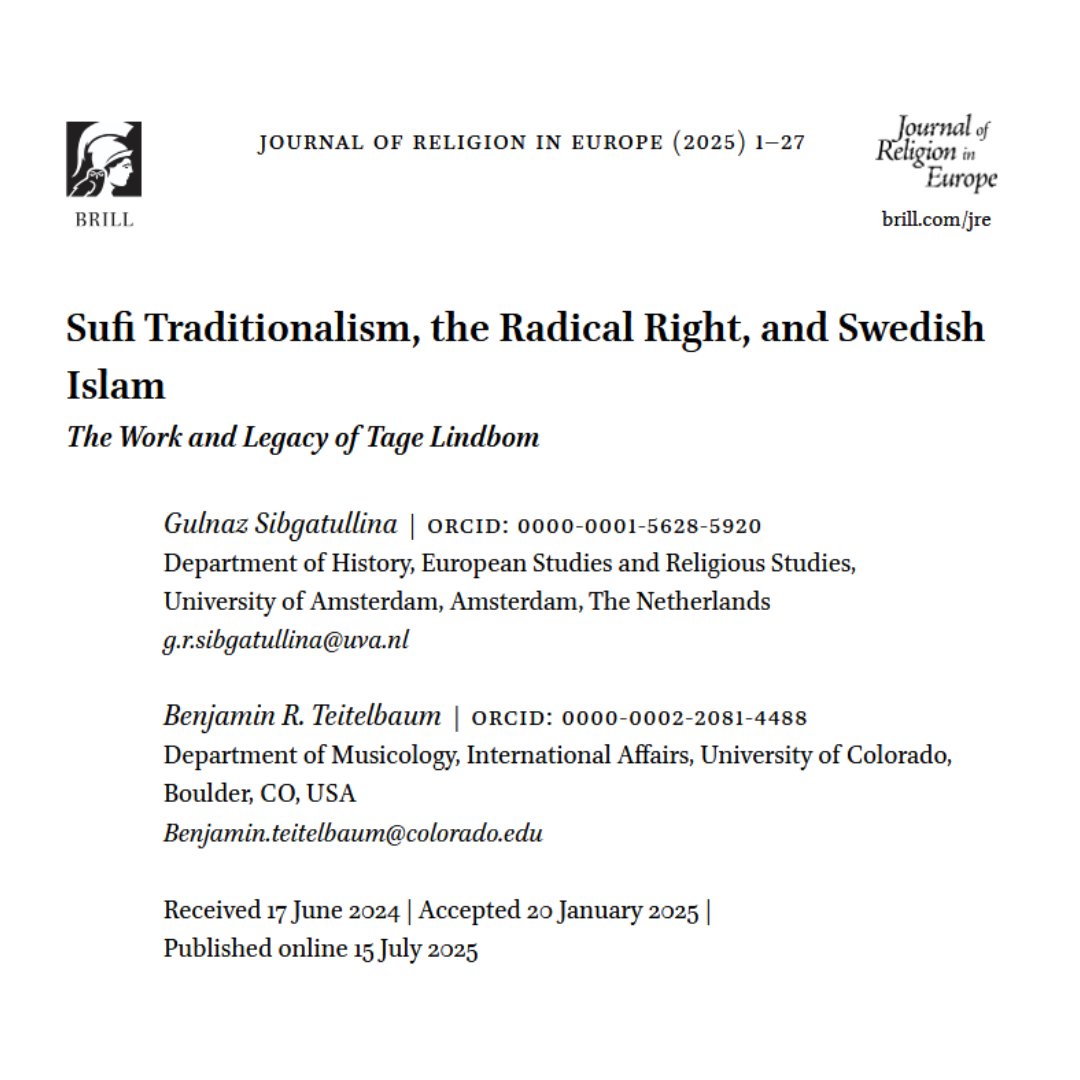 ***Publications***
Hot off the press: an article by Gulnaz Sibgatullina and Benjamin R.  Teitelbaum on the Swedish philosopher, convert, and traditionalist Tage Lindbom.
brill.com/view/journals/…