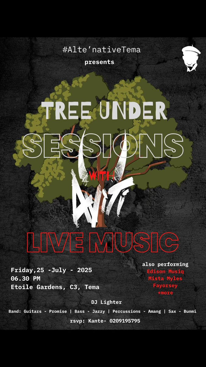 #TreeUnderSessions with AviTi this Friday… Étoile Gardens, C3, Tema… Boom👊🏾👊🏾
#acoustic #LiveMusic #Tema #AviTi #Avit #Boom