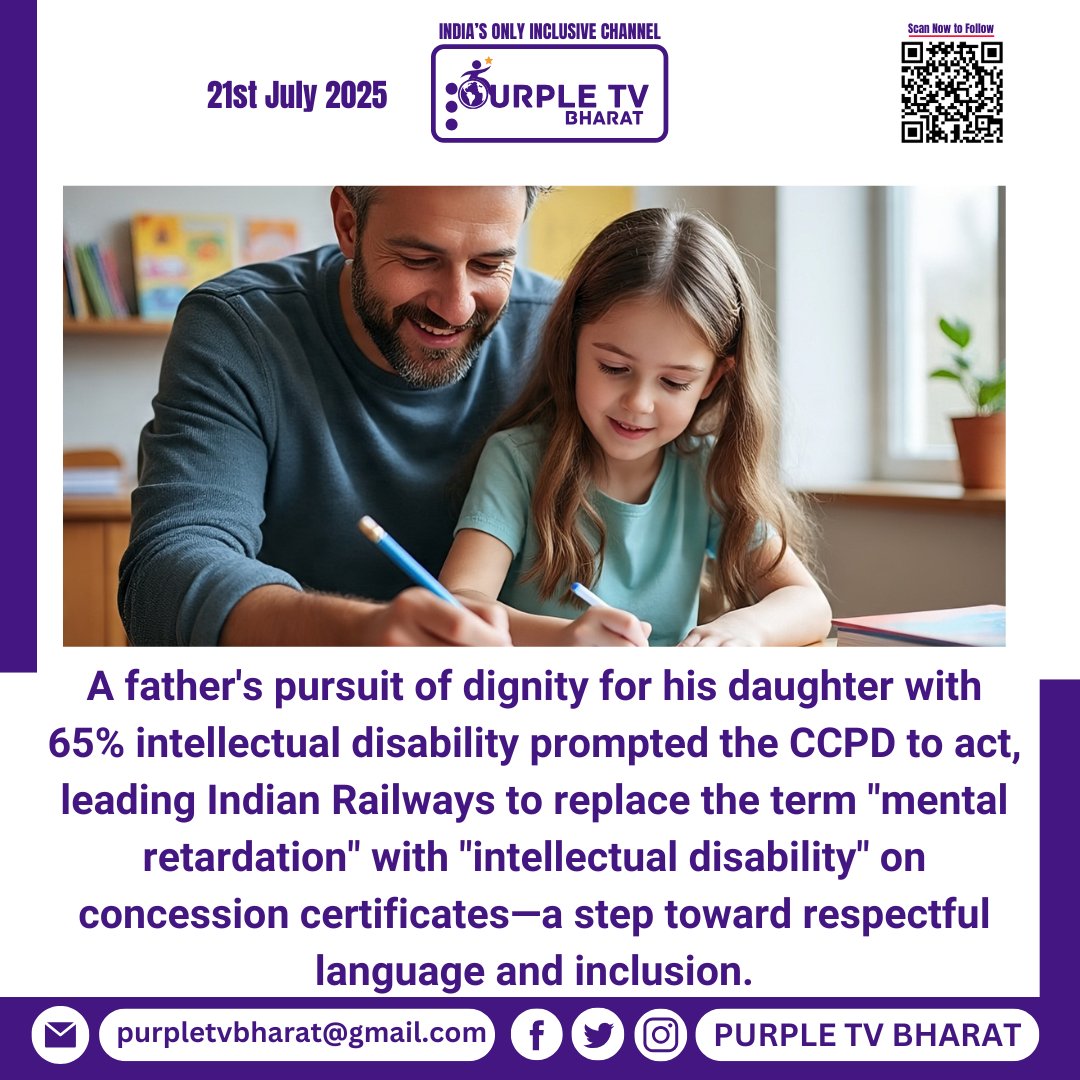 PurpleTVBharat's tweet image. Dignity matters 💙
Thanks to one father&apos;s fight, Indian Railways now says &quot;intellectual disability&quot; instead of &quot;mental retardation&quot; on concession certificates.

#DisabilityRights #Inclusion #RespectfulLanguage #IndianRailways #CCPD