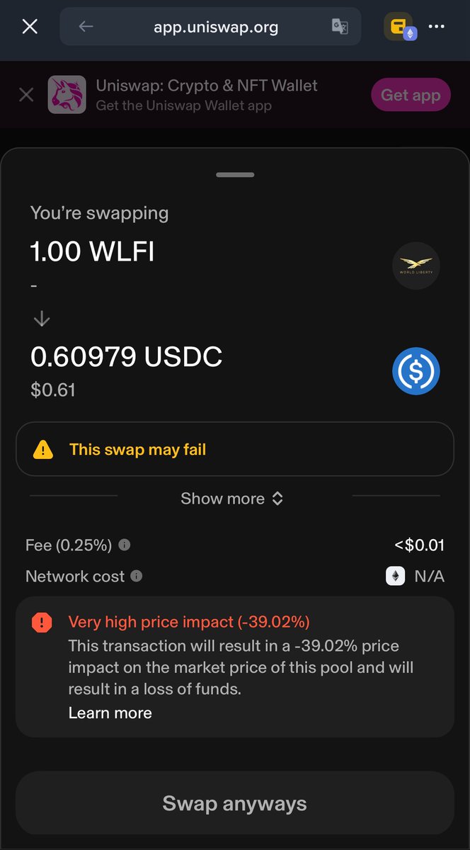 🚨| $WLFI 

<a href="/worldlibertyfi/">WLFI</a>’s token $WLFI Is Trading At $0.6 as confirmed by using UniSwap 🦅