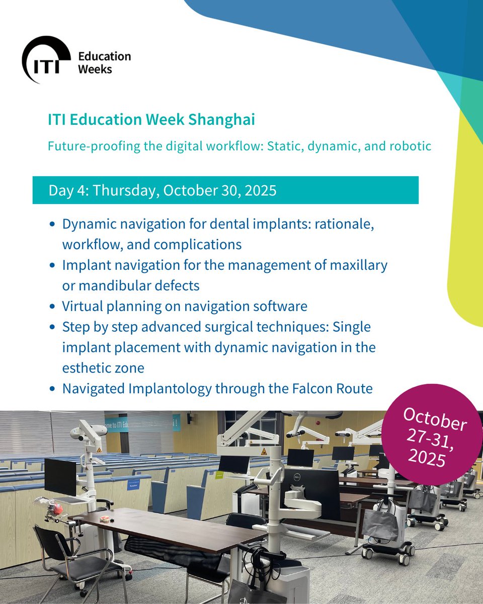 ITI Education Week Shanghai | October 30, 2025
🔄 DAY 4: Dynamic Navigation Mastery 🔄
Virtual planning meets precision execution! 🎮
Software workshops + esthetic zone navigation practice 💻

🎯 Register now: bit.ly/4jZNcFM

#ITIShanghai #DynamicNavigation