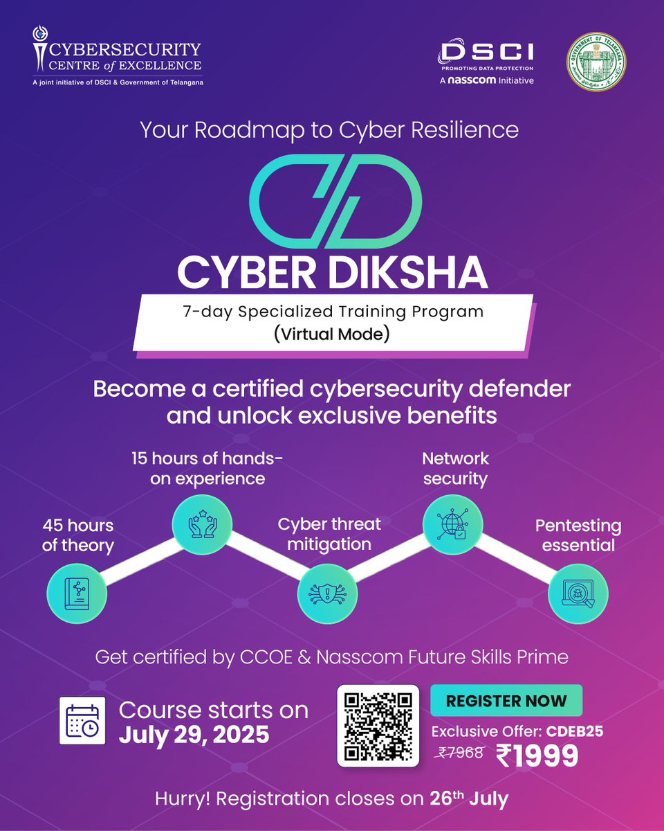 🚨 Last Call! Registrations Close July 26 🚨*

Cyber Diksha – Your Gateway to a Career in Cybersecurity – Starts July 29, 2025

The digital battlefield is constantly evolving, and the demand for skilled defenders has become more critical. Equip yourself with the expertise needed