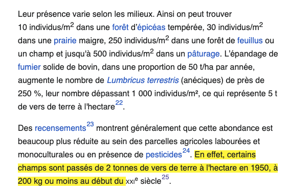 On parle beaucoup et à raison de la disparition des abeilles, mais on parle moins de celle des vers de terre, pourtant hautement nécessaires à la fertilité et à la perméabilité des sols. Ca me frappe de voir à quel point il y en a moins que dans mon enfance.