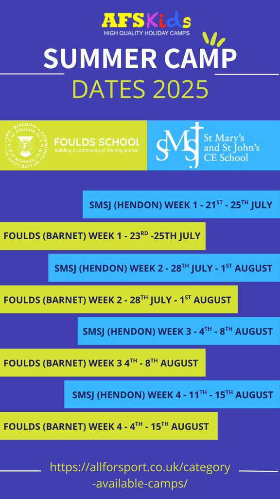 AFSCamps's tweet image. SUMMER CAMPS HAVE STARTED TODAY AT @SMSJ_London! BOOK TODAY FOR LOADS OF FUN THIS SUMMER HOLIDAYS!!🏅🎉