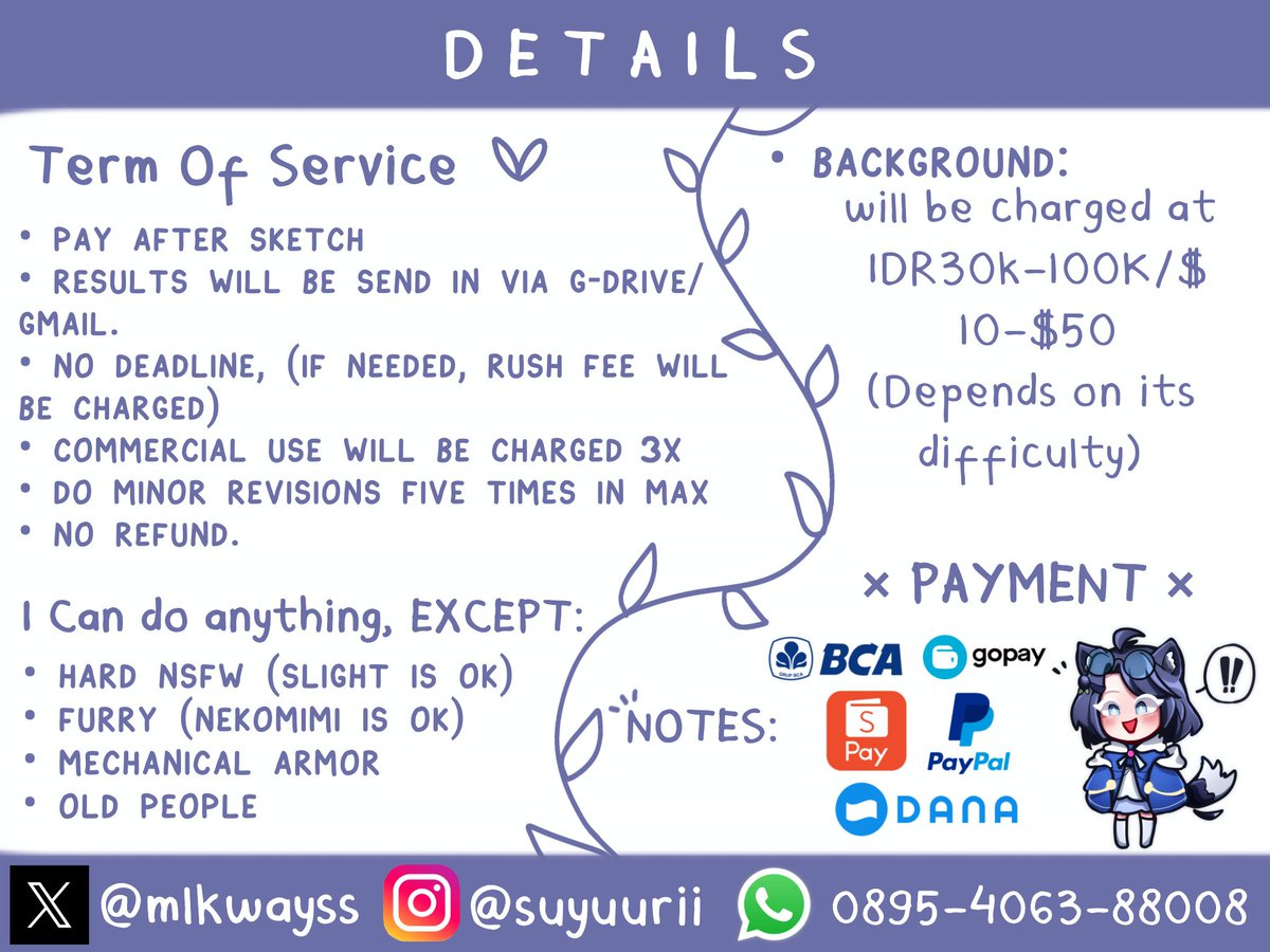 🍪 🔃+❤️ are very appreciated! 🍪

Hello, I'm open Art Commission for International and Local 🌎/🇮🇩

• DM me if you're interested <3
• Pricelist &amp; TOS below
• VGen: vgen.co/mlkwayss 💚

#artidn #zonakaryaid #artistindonesia #wts #opencommission