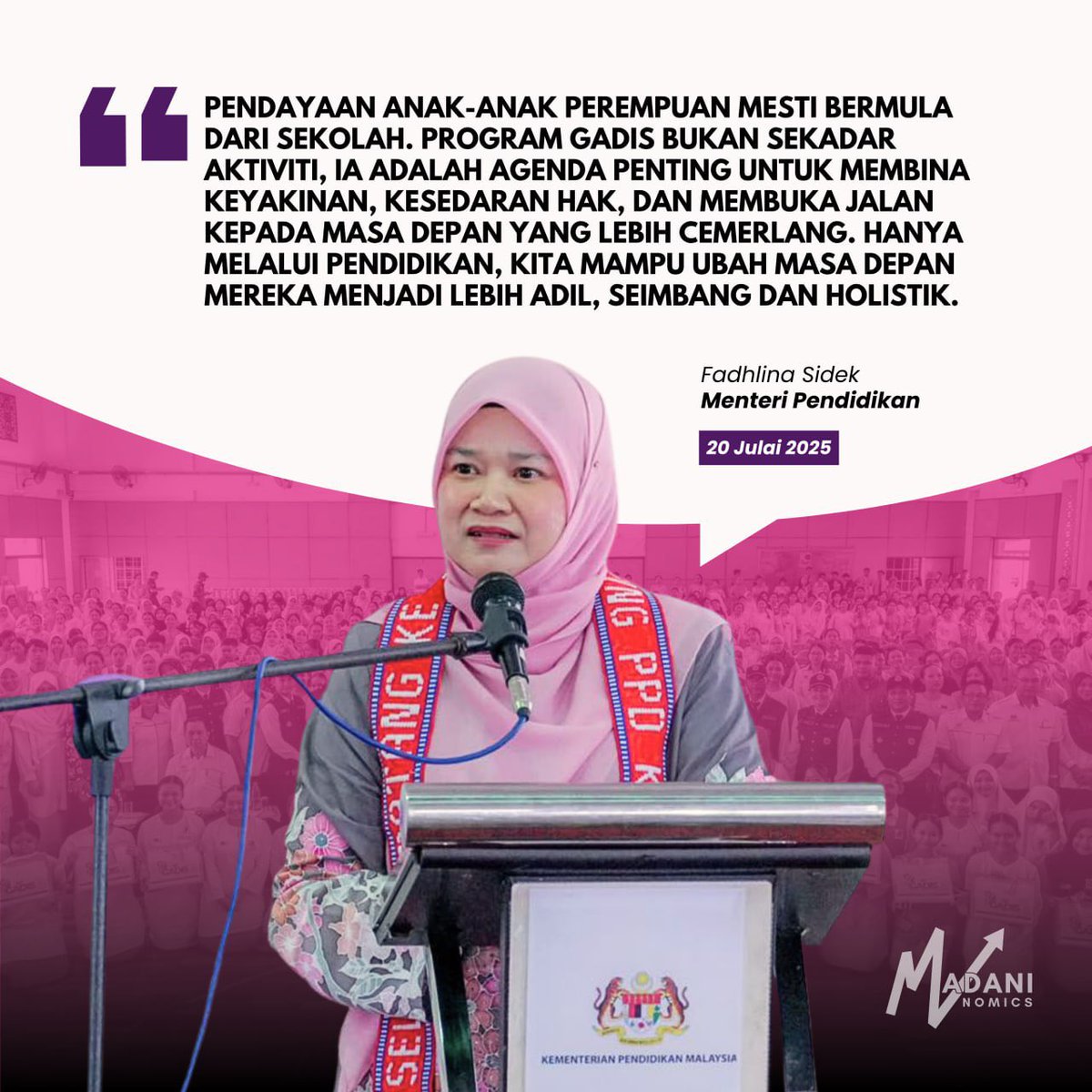 MadaniNomics's tweet image. MNNews 🌐 GADIS Perkasa Pelajar Perempuan – Fadhlina
Menteri Pendidikan, @FadhlinaSiddiq mahu Program Citra Gadis Unggul (GADIS) diperluas ke seluruh negara sebagai agenda penting memperkasa pelajar perempuan sejak di bangku sekolah.
Katanya, pendayaan pelajar perempuan mesti…