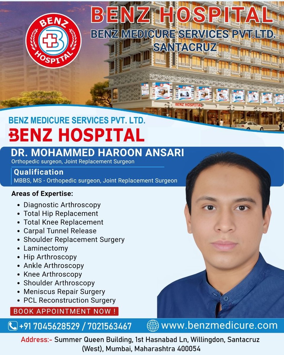 🏥 Expert Joint Care at BENZ HOSPITAL – SANTACRUZ
👨‍⚕️ Dr. Mohammed Haroon Ansari
MBBS, MS – Orthopedic &amp; Joint Replacement Surgeon
📞 Book Appointment Now: +91 7045628529 / 7021563467
#BenzHospital #JointReplacement #OrthopedicExpert #DrHaroonAnsari #KneeReplacement