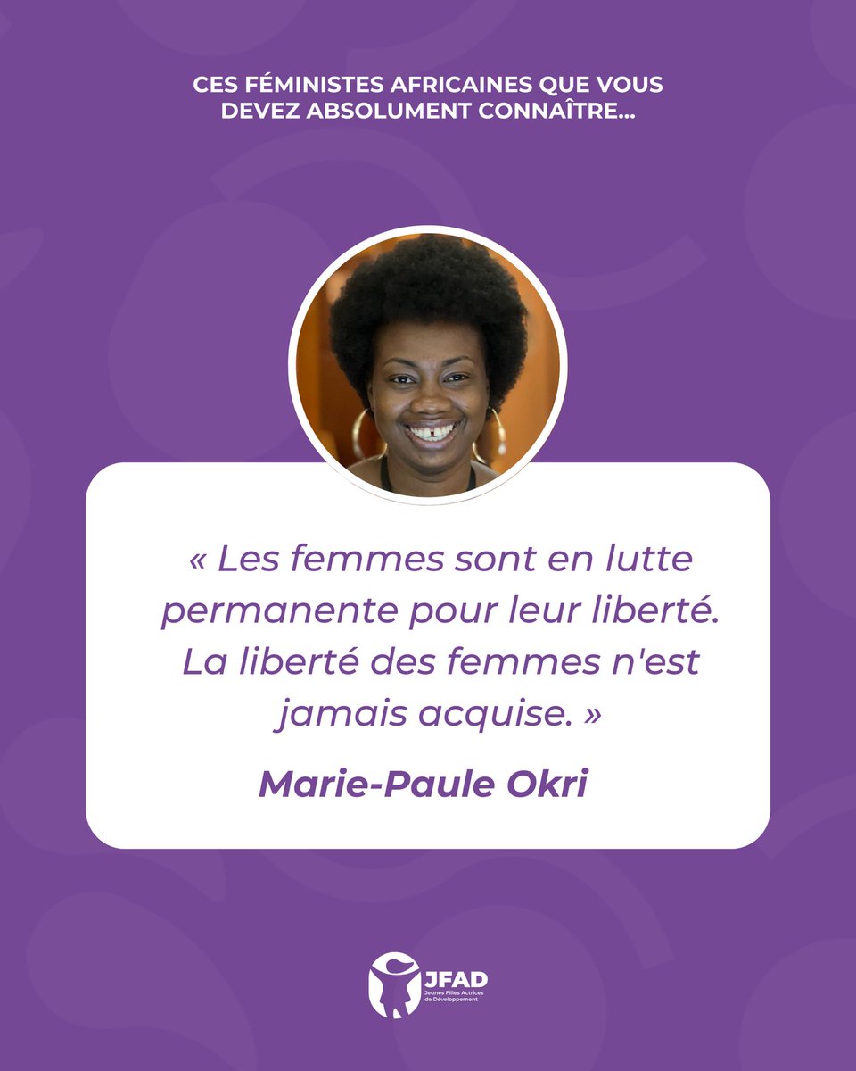 Jfad_Asso's tweet image. Ces féministes africaines que vous devez absolument connaître 🤩

🚀 Marie-Paule Djegue Okri (@LilithdeVavoua)

Marie-Paule Okri est une militante féministe ivoirienne, co-fondatrice de la Ligue Ivoirienne des Droits des Femmes.

Agronome de formation et consultante en…