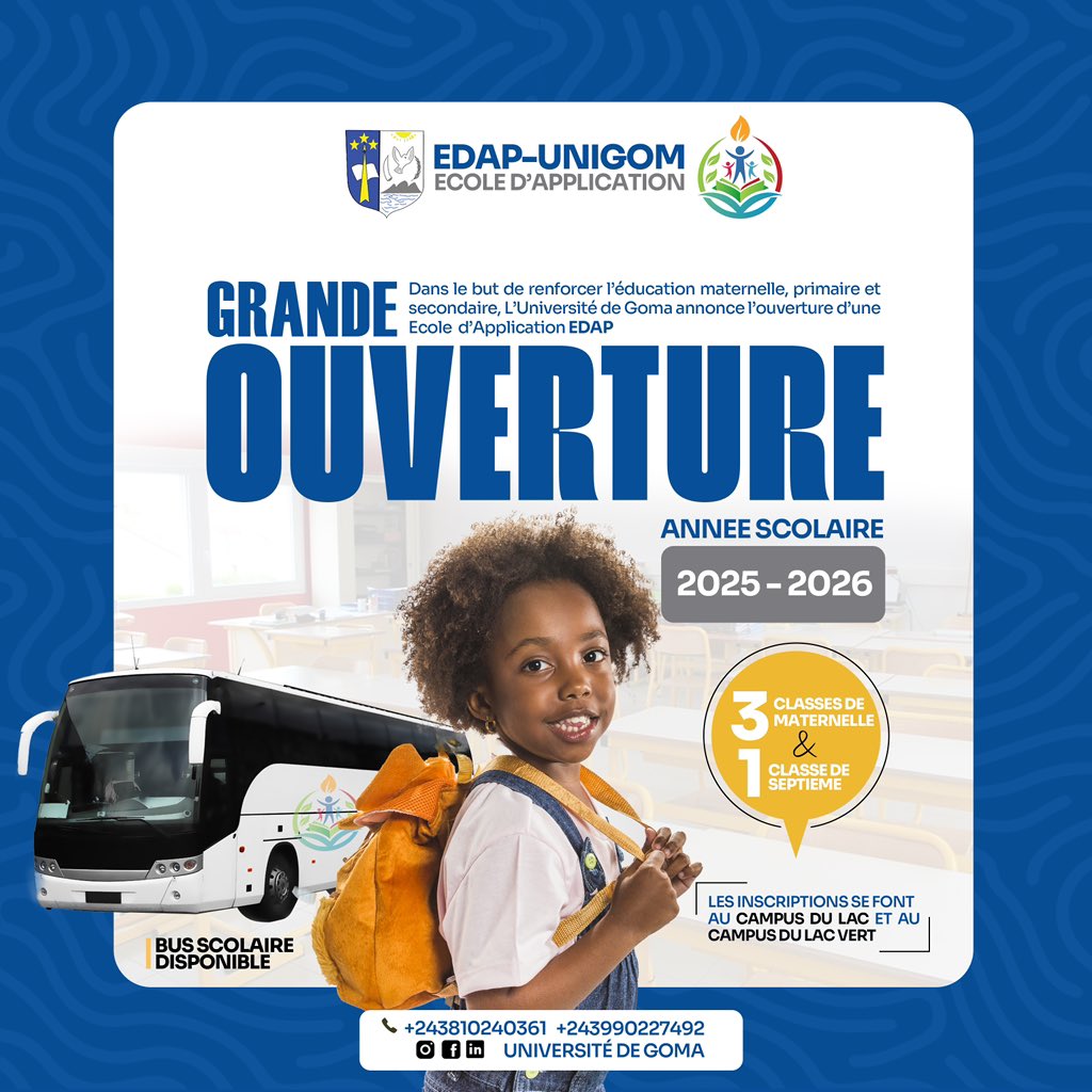 UNIVERSITE DE GOMA-UNIGOM (@unigom_rdc) on Twitter photo 📢🎉Bonne nouvelle à #Goma:
L’<a href="/Unigom_RDC/">UNIVERSITE DE GOMA-UNIGOM</a> lance son École d’Application (#EDAP) dès 2025-2026 pour les niveaux maternel, primaire et secondaire.
📍 Les Inscriptions sont en cours sur les 2 campus.🥳
👉🏽Rejoignez l’excellence éducative à l’UNIGOM!
#EDAP #UNIGOM #Éducation #Goma 📢🎉Bonne nouvelle à #Goma:
L’<a href="/Unigom_RDC/">UNIVERSITE DE GOMA-UNIGOM</a> lance son École d’Application (#EDAP) dès 2025-2026 pour les niveaux maternel, primaire et secondaire.
📍 Les Inscriptions sont en cours sur les 2 campus.🥳
👉🏽Rejoignez l’excellence éducative à l’UNIGOM!
#EDAP #UNIGOM #Éducation #Goma
