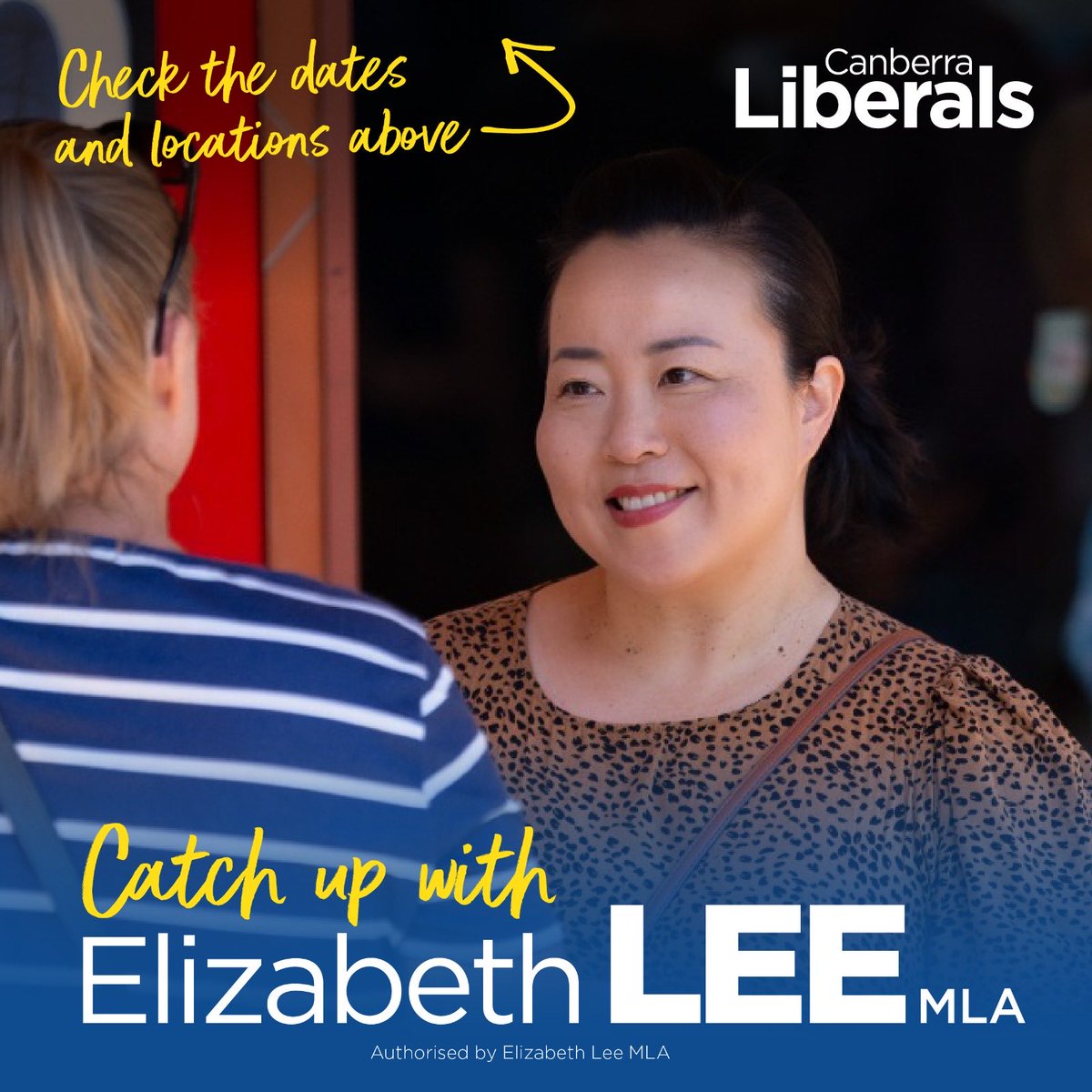 ElizabethLeeMLA's tweet image. Let’s catch up this week!
Tuesday 22 July 12noon-1pm Ainslie Shops
Wednesday 23 July 10:30am-11:30am The Lawns Manuka
Thursday 24 July 10:30am-11:30am Watson Shops and 12noon-1pm Dickson Shops
I’d love to chat!