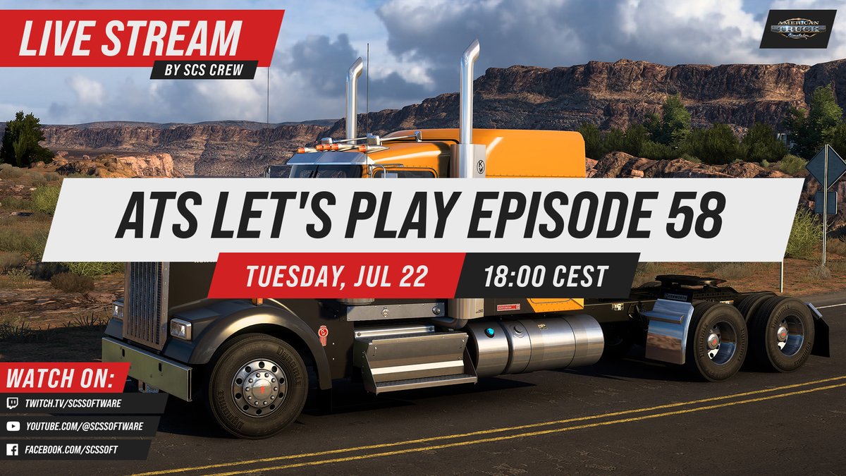 SCSsoftware's tweet image. Another live stream is rolling in! 🎥
Join Mark & Nemiro tomorrow at 18:00 CEST as they hit the road in American Truck Simulator for the next episode of our Let’s Play series! 🚛💨
🟣 Twitch.tv/SCSSoftware
🔴 YouTube.com/SCSSoftware
🔵 Facebook.com/SCSSoft