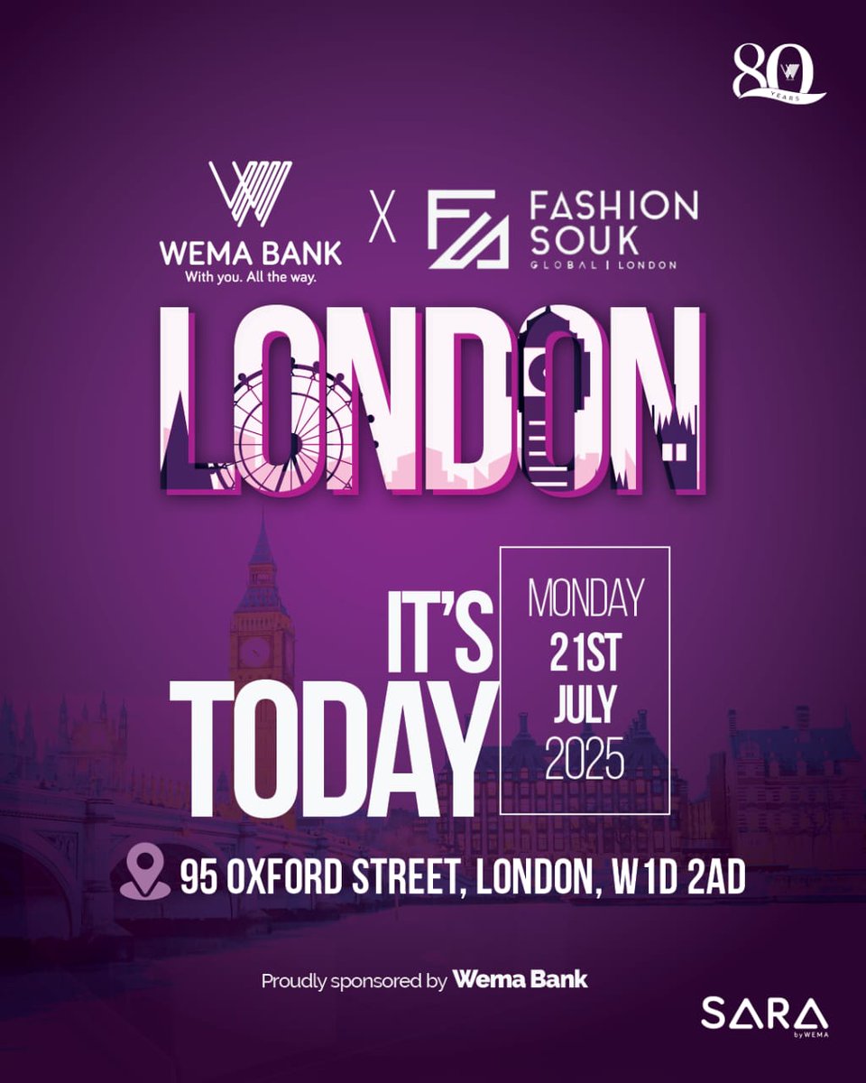 London, we’re LIVE!

Wema Bank x Fashion Souk Global is officially happening TODAY at 95 Oxford Street. 

Join us today as we celebrate creativity, culture, and commerce powered by innovation and style.

Let’s make history in the heart of London! 

#WemaBank #SaraByWema