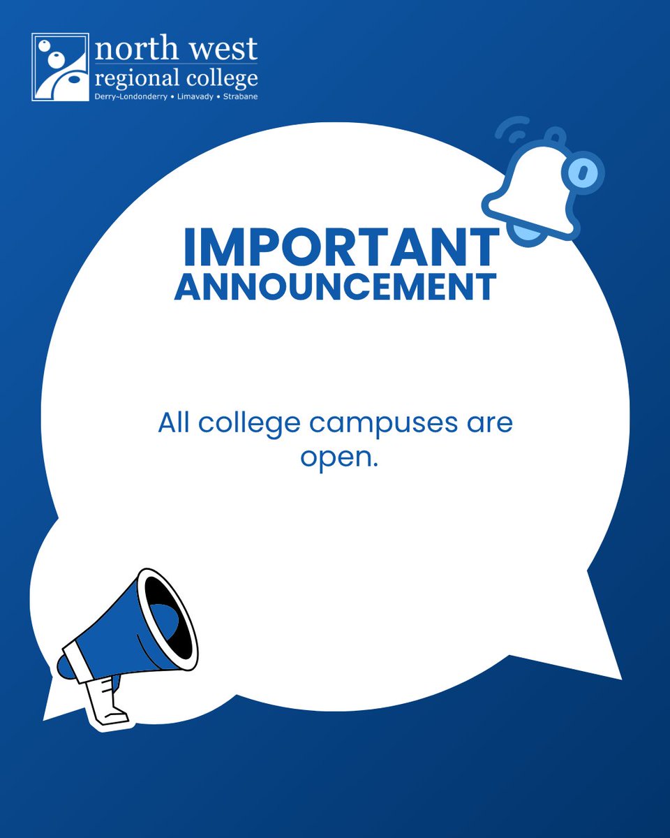 North West Regional College (@nwrc_college) on Twitter photo Our college campuses are open again today, if you need any support you can come in or contact our support staff online:
admissions@nwrc.ac.uk
careers@nwrc.ac.uk
info@nwrc.ac.uk
studentservices@nwrc.ac.uk Our college campuses are open again today, if you need any support you can come in or contact our support staff online:
admissions@nwrc.ac.uk
careers@nwrc.ac.uk
info@nwrc.ac.uk
studentservices@nwrc.ac.uk