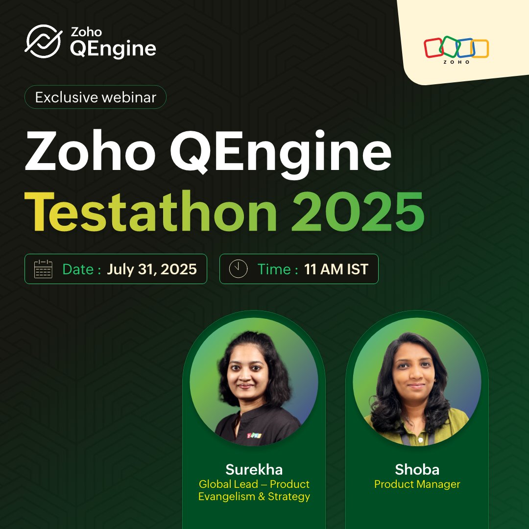 ZohoQEngine's tweet image. Nervous about getting started? Join our exclusive webinar to learn everything you need to know about Zoho QEngine and win the Zoho QEngine Testathon 2025! 🏆
Register here: meet.zoho.com/encl-lpg-nde
#ZohoQEngine #Testathon2025