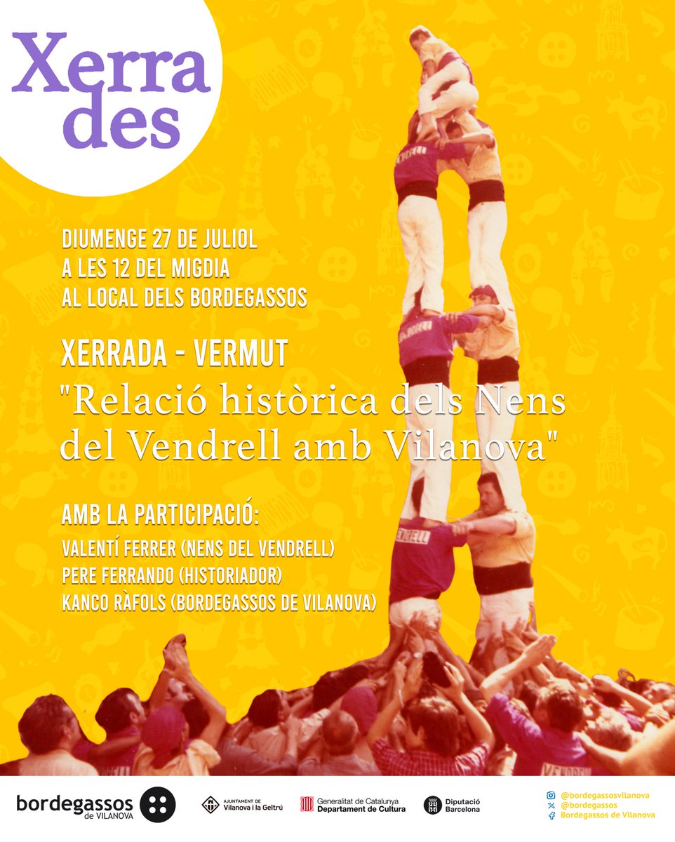 bordegassos's tweet image. 📣 Xerrada-vermut sobre la relació històrica entre els Nens del Vendrell i Vilanova!
Amb convidats vendrellencs, anècdotes i memòria castellera.
📅 Diumenge 27 de juliol
🕛 12 h
📍 Cal Pinyana (local dels Bordegassos)
No hi faltis!
#sombordegassos #devilanova #castells