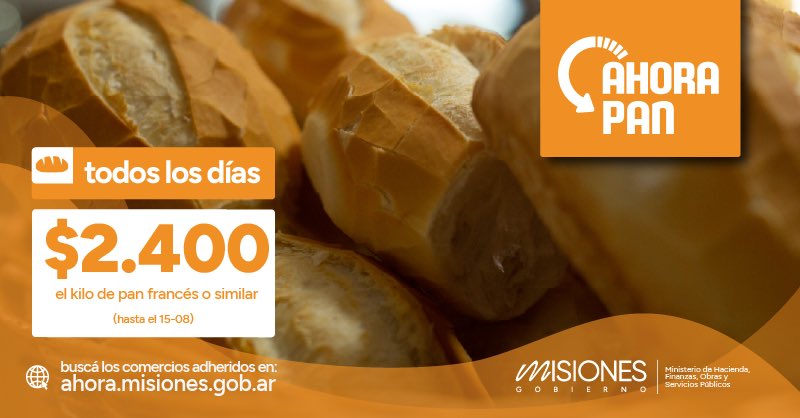 #AhoraPan #Misiones 
NUEVAMENTE EL PROGRAMA AHORA PAN SIGUE SIN AUMENTOS HASTA EL 15 DE AGOSTO

El programa Ahora Pan seguirá vigente sin ninguna actualización en su valor de referencia máximo que seguirá fijo en hasta $2.400 hasta el próximo 15 de agosto, fecha en la cual serán