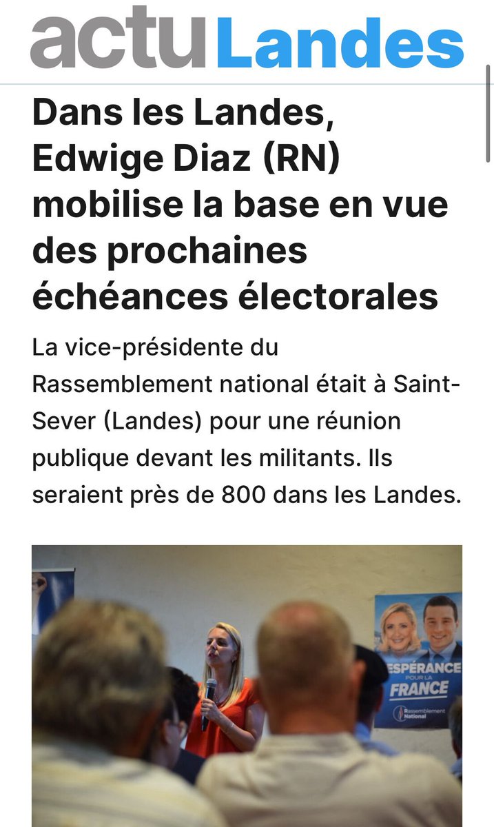 diaz_edwige's tweet image. 📰 Le NFP veut transformer l’Assemblée en ZAD. Le bloc central est composé de députés fantômes.
Heureusement que les députés du @groupeRN_off font honneur à leur mandat !
La presse revient sur notre réunion publique à Saint-Sever :