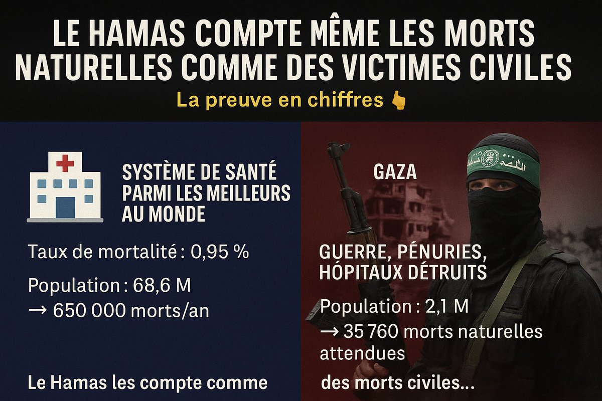 TheXnihilo1's tweet image. 🧠 Voilà pourquoi il n’y a aucun génocide à Gaza :
France VS Gaza le mensonge 🤥 démasquer !
🔢 Quand les chiffres dégonflent la propagande : Gaza, France et la réalité des morts naturelles
(Démonstration factuelle et implacable) 👇
🇫🇷 France – pays parmi les meilleurs au…