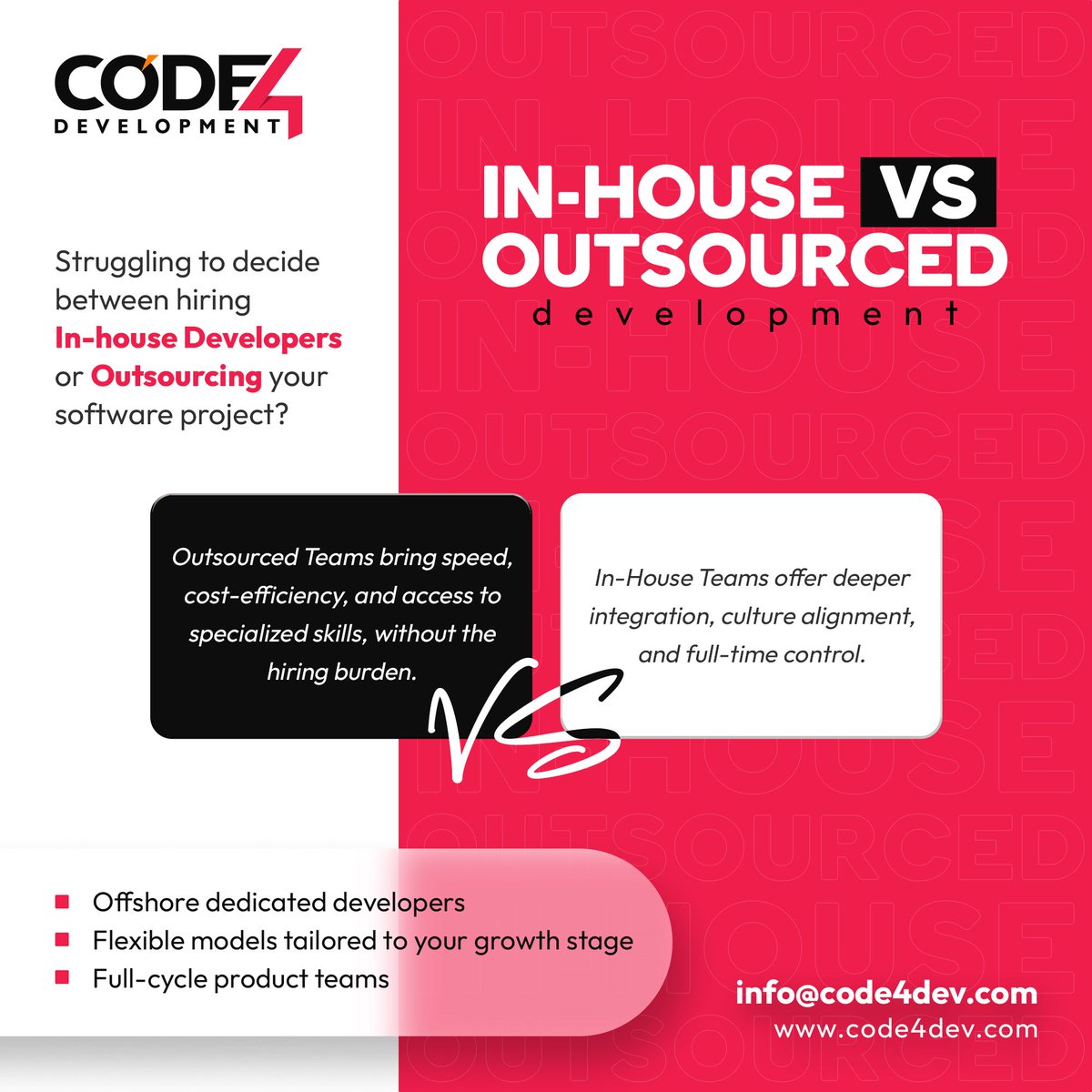 Code4DevX's tweet image. Struggling to choose the right one? Let's compare:
✅ In-house = control & team fit
✅ Outsourced = speed & savings
Code4Dev gives you best of both:
🔹 Offshore devs
🔹 Full product teams
🔹 Flexible models
📩 info@code4dev.com
📞 +44 7777 359945
#TechHire #HireSmart