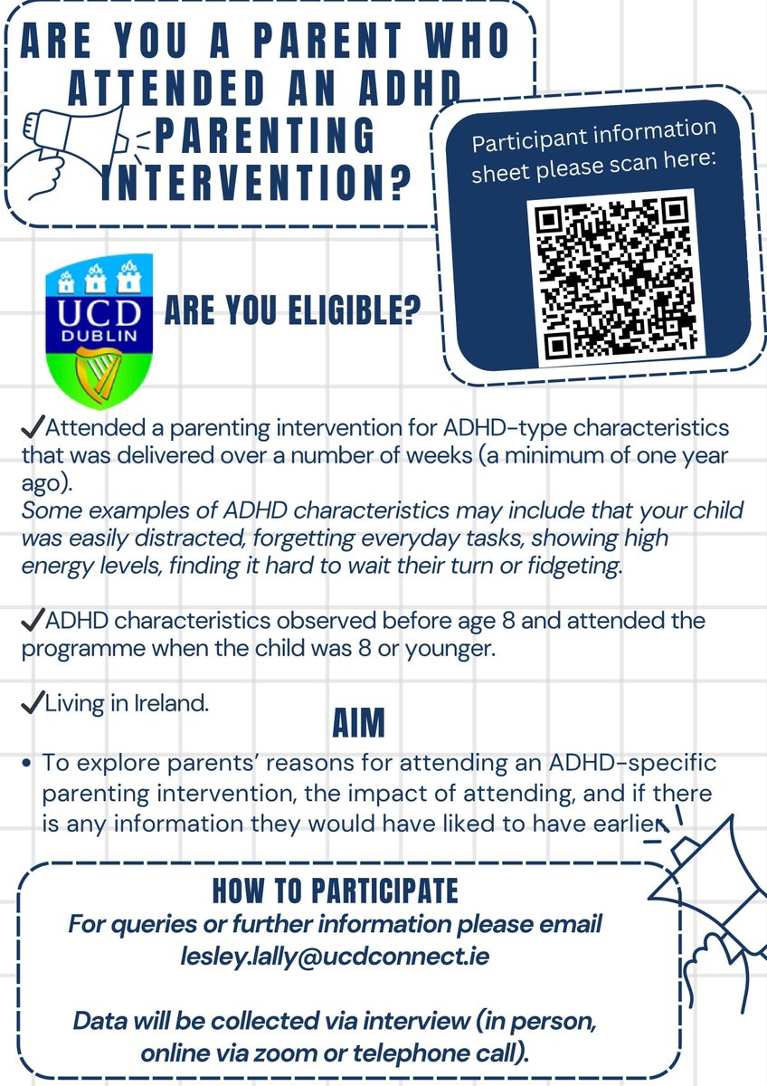 Parents Plus (@parents_plus) on Twitter photo Are you a parent who's participated in the Parents Plus ADHD Programme in relation to a child aged 8 or under?
Would you be open to contributing to a new study by UCD trainee educational & child psychologist Lesley Lally?
Email lesley.lally@ucdconnect.ie to arrange a short chat. Are you a parent who's participated in the Parents Plus ADHD Programme in relation to a child aged 8 or under?
Would you be open to contributing to a new study by UCD trainee educational & child psychologist Lesley Lally?
Email lesley.lally@ucdconnect.ie to arrange a short chat.