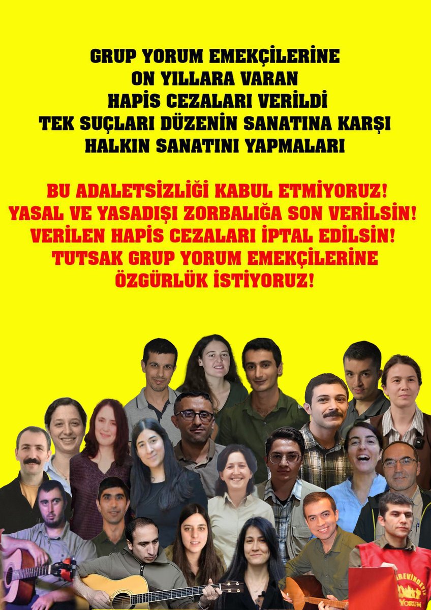 GrupYorum_'s tweet image. Grup Yorum Emekçilerine On Yıllara Varan Hapis Cezaları Verildi!
Tek Suçları Düzenin Sanatına Karşı Halkın Sanatını Yapmaları.
Bu Adaletsizliği Kabul Etmiyoruz!
Yasal ve Yasadışı Zorbalığa Son Verilsin!
Verilen Hapis Cezaları İptal Edilsin!
Tutsak Grup Yorum Emekçilerine…