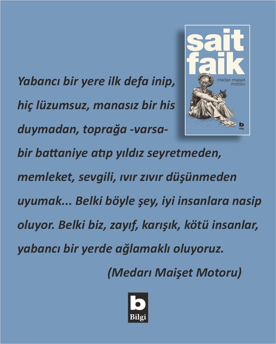 BilgiYayinevi's tweet image. 1970’lerde Sait Faik Külliyatı’nı yayımlayarak onun edebiyat dünyasında daha geniş kitlelere ulaşmasına katkı sağlamıştık.
Bugün, bu önemli külliyatı orijinal metinlerine sadık kalarak yeniden yayımlamaktan büyük mutluluk duyuyoruz.
Sait Faik’in eşsiz anlatımıyla tekrar…
