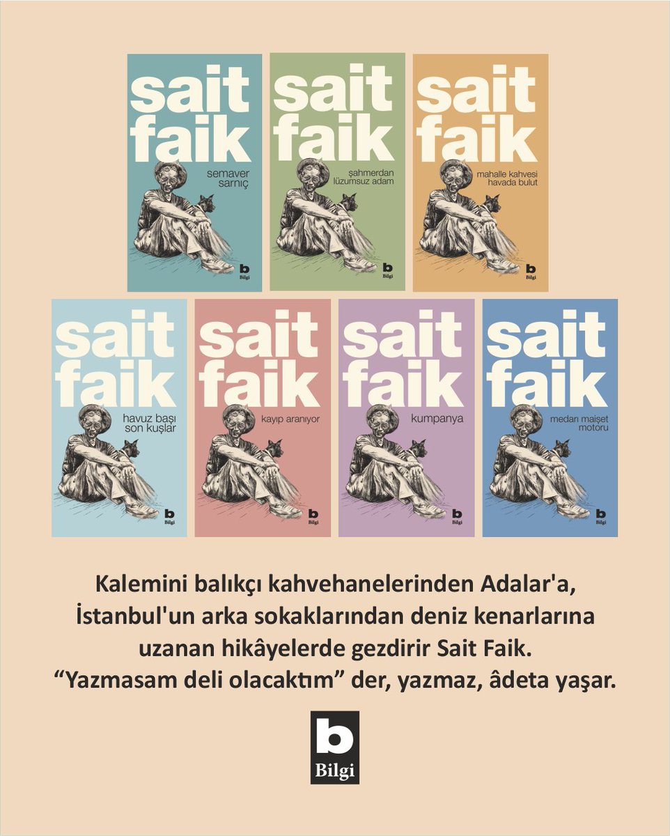 BilgiYayinevi's tweet image. 1970’lerde Sait Faik Külliyatı’nı yayımlayarak onun edebiyat dünyasında daha geniş kitlelere ulaşmasına katkı sağlamıştık.
Bugün, bu önemli külliyatı orijinal metinlerine sadık kalarak yeniden yayımlamaktan büyük mutluluk duyuyoruz.
Sait Faik’in eşsiz anlatımıyla tekrar…