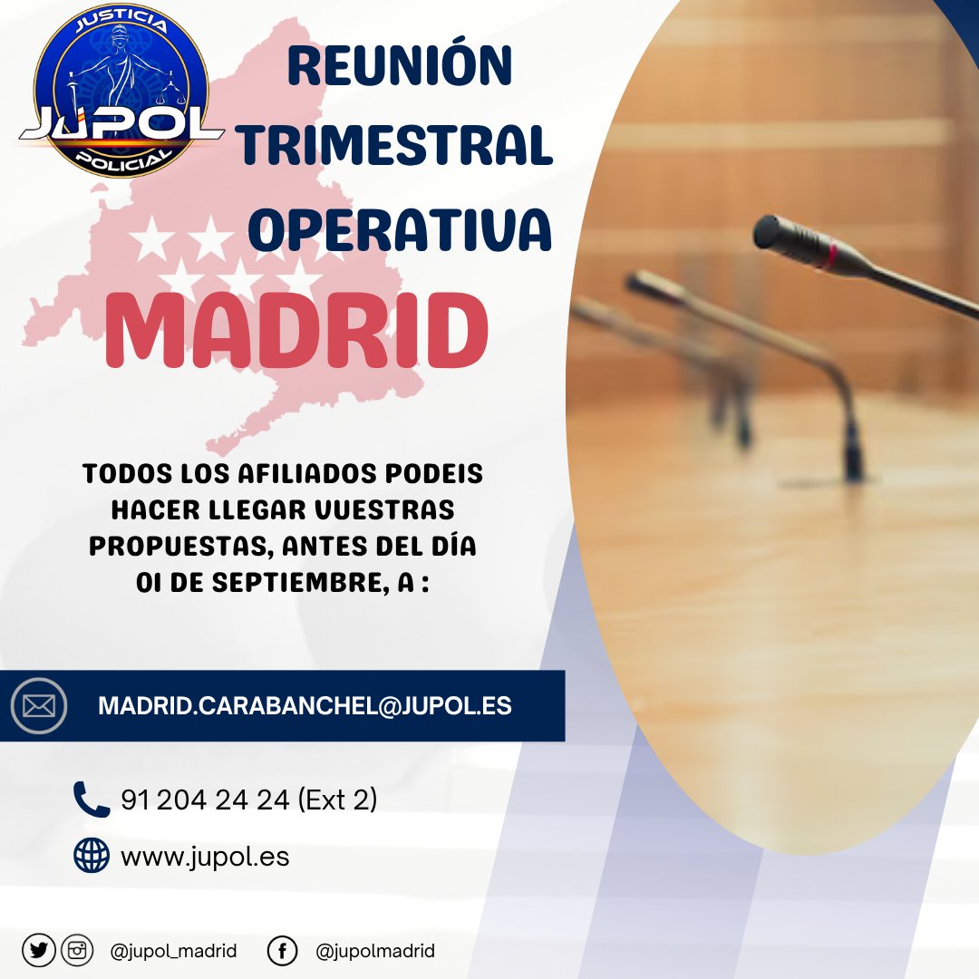 Jupol Madrid (@jupol_madrid) on Twitter photo 🚨TRIMESTRAL OPERATIVA MADRID
El próximo día 24 de SEPTIEMBRE es la Reunión Trimestral Operativa en #Madrid
Todos los afiliados podéis enviar vuestras propuestas antes del día 1 de SEPTIEMBRE a:
📩madrid.carabanchel@jupol.es
Somos vuestra voz
#NuestrosAfiliadosSonLoPrimero 🚨TRIMESTRAL OPERATIVA MADRID
El próximo día 24 de SEPTIEMBRE es la Reunión Trimestral Operativa en #Madrid
Todos los afiliados podéis enviar vuestras propuestas antes del día 1 de SEPTIEMBRE a:
📩madrid.carabanchel@jupol.es
Somos vuestra voz
#NuestrosAfiliadosSonLoPrimero
