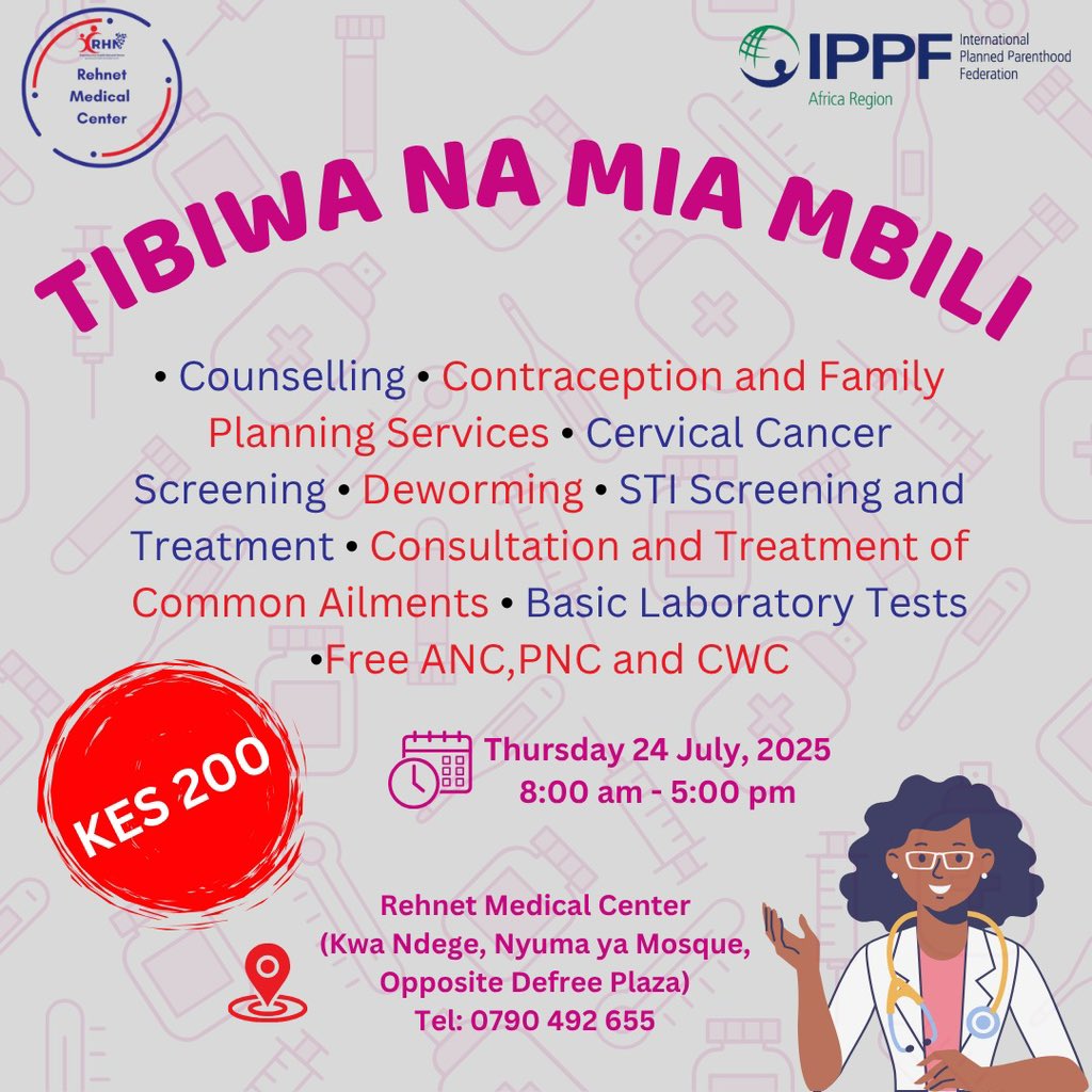 Rehnet Medical Center (@rehnetmed) on Twitter photo Walk in for #TibiwaNaMiaMbili SRH services this Thursday the 24th at our <a href="/RehnetMed/">Rehnet Medical Center</a> center in Embakasi, Nairobi as from 8am - 5pm.
Get access to counseling, FP, STI screening & treatment, ANC & PNC and more.
Tell a friend to tell a friend.
#YourHealthIsOurPriority Walk in for #TibiwaNaMiaMbili SRH services this Thursday the 24th at our <a href="/RehnetMed/">Rehnet Medical Center</a> center in Embakasi, Nairobi as from 8am - 5pm.
Get access to counseling, FP, STI screening & treatment, ANC & PNC and more.
Tell a friend to tell a friend.
#YourHealthIsOurPriority
