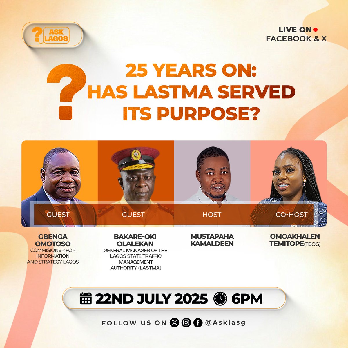 Join this conversation....... What do you think - has <a href="/followlastma/">LASTMA</a> served its purpose since inception?

Join via any of the links below 

X
x.com/i/spaces/1lDxL…

Facebook live
facebook.com/events/s/ask-l…