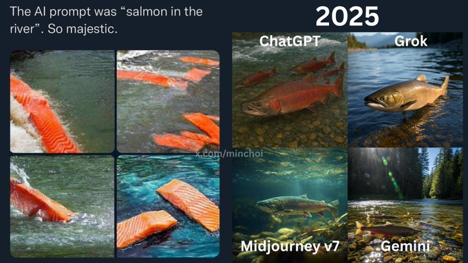marcvidal's tweet image. En apenas tres años hemos pasado de esto a esto. El prompt era "un salmón en un río" 😅
