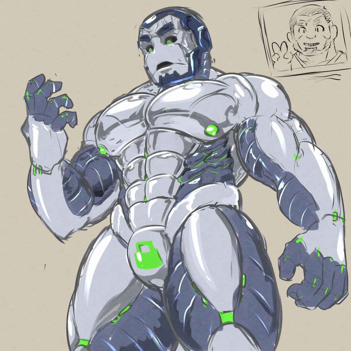 今日のワンドロ (+15min)　現場で働くことになったらむきむきロボに改造されたおじさん
（仕事が終わっても生体データを紛失したとかで戻れないおじさん）