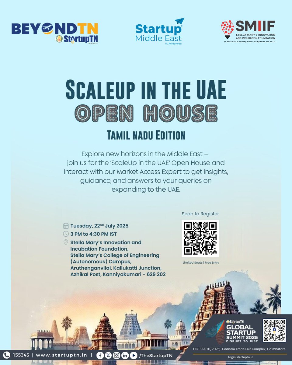 TheStartupTN's tweet image. 📢 StartupTN | Startup Middle East | ‘ScaleUp in the UAE’ – Open House
🌍 Tamil Nadu Edition
Explore expansion opportunities in the Middle East!
Join us for the ‘ScaleUp in the UAE’ Open House and interact with Market Access Experts to gain valuable insights and guidance on…