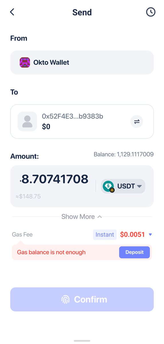 crypt0knightee's tweet photo. I am not sure what other wallets call Chain abstraction or unified balance or better UX. 

This is what we mean at @Okto_wallet 

I had to transfer USDT on Bsc chain. 
@Rabby_io asked me to deposit BNB in their gas account 
@zerion asked me to buy/deposit BNB

While, Okto just used tokens from the portfolio and processed my txn.

This is true UX experience.
