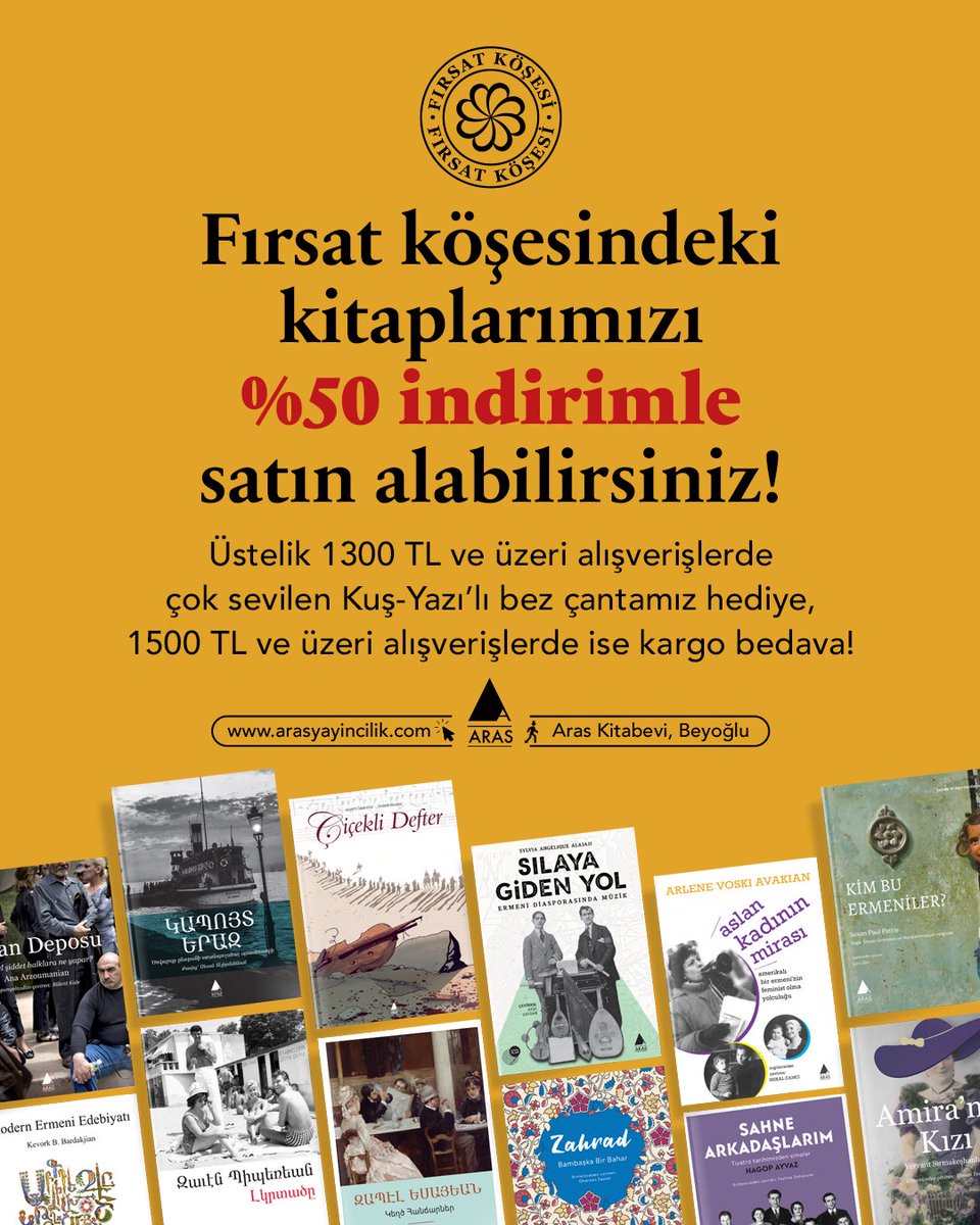 Fırsat köşesindeki kitaplarımızı %50 indirimle satın alabilirsiniz! 
Üstelik 1300 TL ve üzeri alışverişlerde çok sevilen Kuş-Yazı’lı bez çantamız hediye, 1500 TL ve üzeri alışverişlerde ise kargo bedava! 
🔗 arasyayincilik.com/firsat-kosesi/