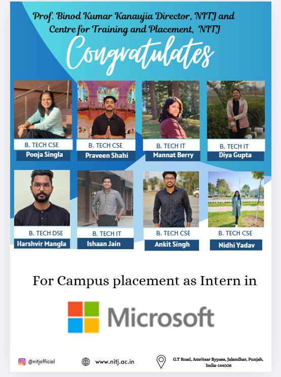 Prof. Binod Kumar Kanaujia, Director of NIT Jalandhar, congratulates our 8 students on their selection by Microsoft. Congratulations to all on this remarkable achievement!
