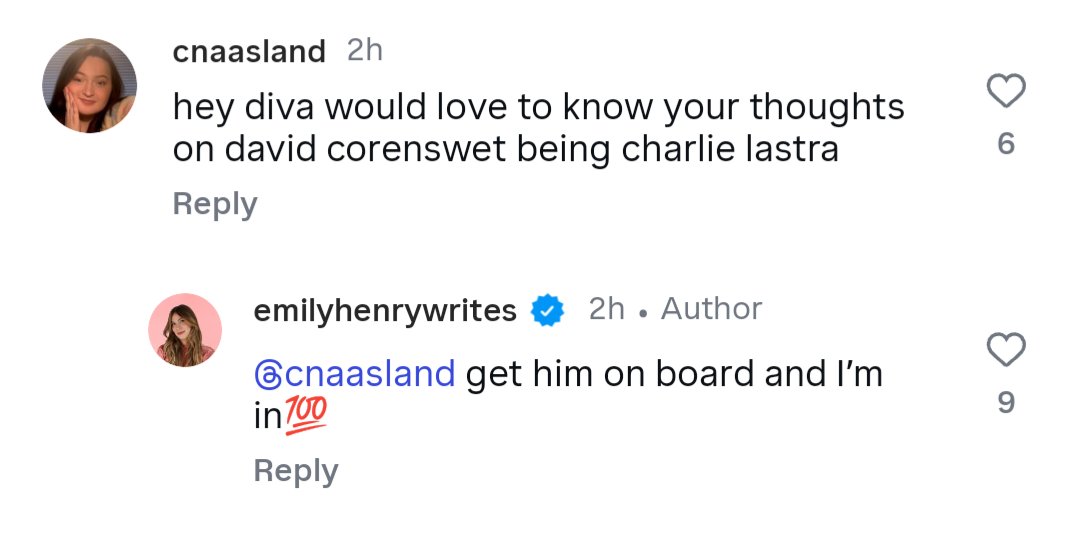 CorenswetNews's tweet image. The author Emily Henry replied to a comment on Instagram saying that if David Corenswet would be on board to play Charlie in the adaptation of her book Book Lovers, she'd be in.
