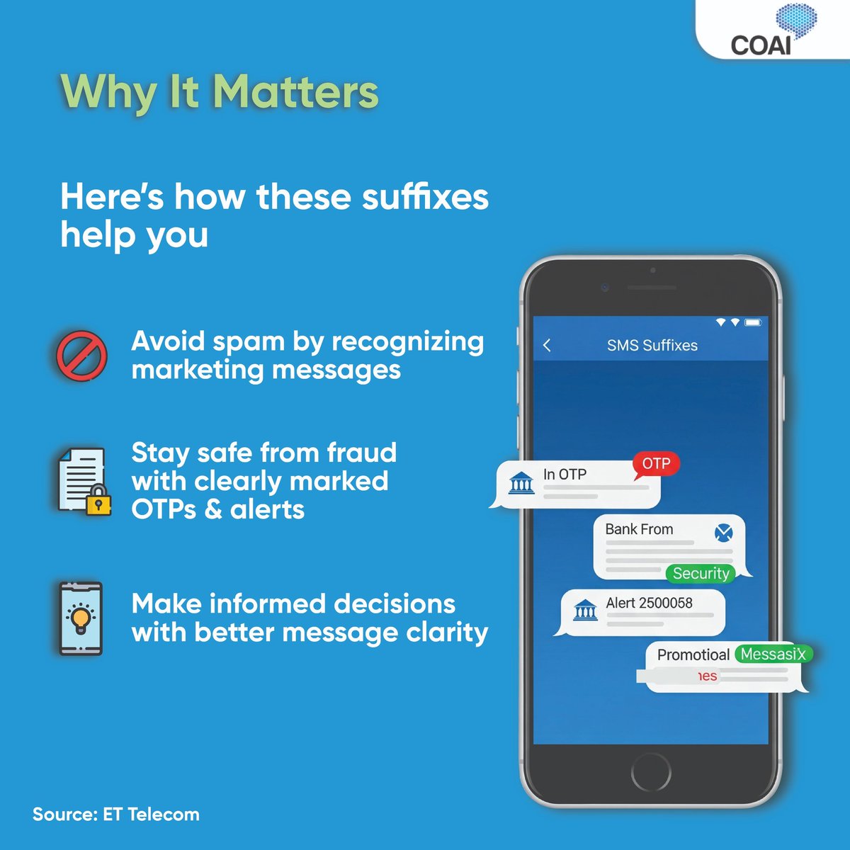 ConnectCOAI's tweet image. No more spam guessing games. Every SMS now comes with a suffix that tells you exactly what type of message it is. Messaging just got clearer, smarter and way more secure.
#SMSUpdate #SpamControl #TRAI #DigitalIndia
Source: @ETTelecom