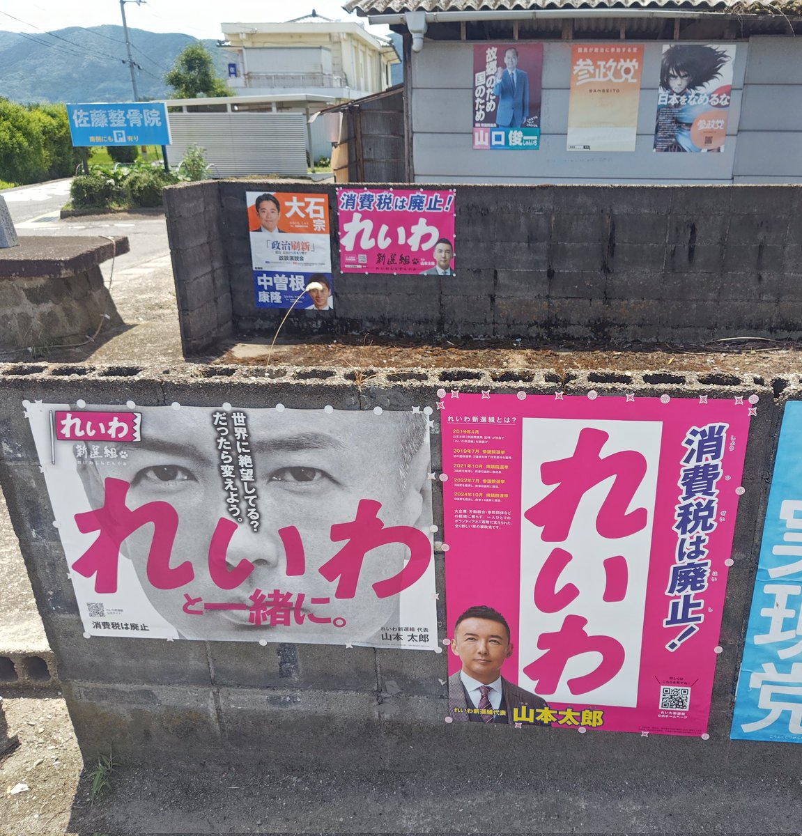 NWt01NX2bcLWmhh's tweet image. 徳島に貼った比例ポスの貼り替えです。こちらは交差点と倉庫に2枚貼らせていただいてました。オレンジがカオスでうんざりですがよくよく数えてみたらピンク野郎がいちばん貼ってました。ドンマイ。