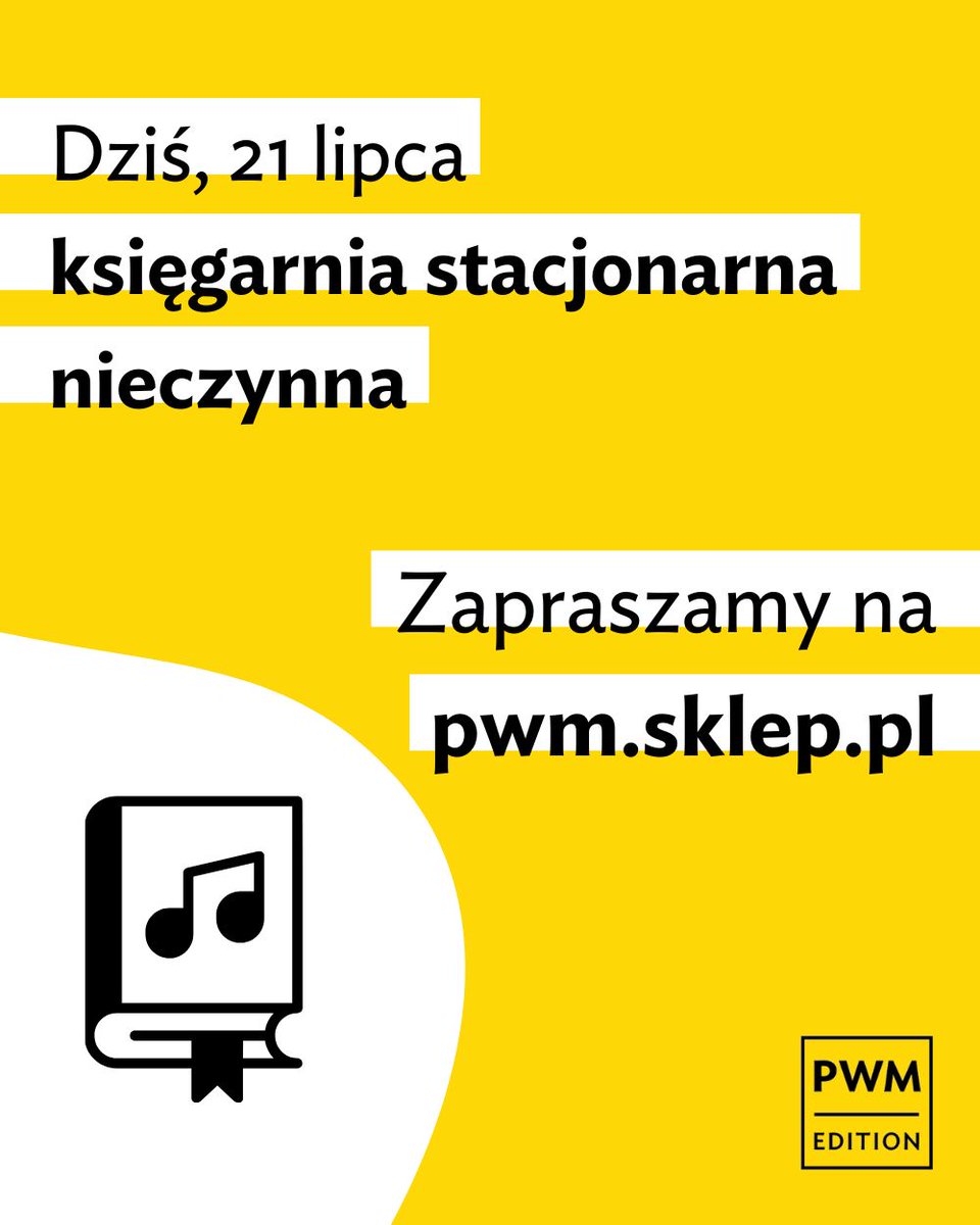 Polskie Wydawnictwo Muzyczne (@pwmedition) on Twitter photo Dziś księgarnia stacjonarna nieczynna.
Zapraszamy na: pwm.sklep.pl Dziś księgarnia stacjonarna nieczynna.
Zapraszamy na: pwm.sklep.pl