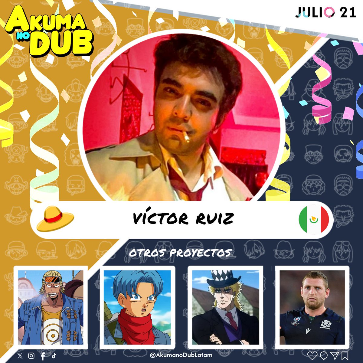 🌟🎉 Felicidades Nakama!! 🎉🌟

Queremos enviar un fuerte abrazo al actor y director 🇲🇽 Víctor Ruiz / <a href="/elvicruiz/">Víctor Ruiz</a>, quien dió voz al Falso rebelde con armadura (Arco Arabasta, EP99) y al Carpintero Paulie (Arco Water 7-), respectivamente.

#OnePiece #Doblaje #Cumpleaños
